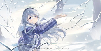 1girl arm_up bare_tree black_hairband blue_coat blue_eyes blush clannad closed_mouth coat commentary_request copyright_notice cowboy_shot crying crying_with_eyes_open dated day eyelashes floating_hair from_above frown fur-trimmed_coat fur_trim grey_hair hair_between_eyes hairband harutatsunoki highres long_hair long_sleeves looking_up outdoors plaid_clothes plaid_coat sakagami_tomoyo snow snowflakes snowing split_mouth tears tree very_long_hair winter winter_clothes