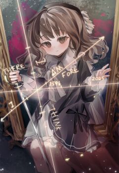 1girl absurdres animification arrow_(symbol) black_dress blush brown_eyes brown_hair chinese_commentary commentary_request dress english_text highres holding holding_sword holding_weapon light_particles long_sleeves looking_at_viewer math mole mole_on_cheek physics real_life rene_descartes sitting smile solo sword weapon zhanghuaimin05516