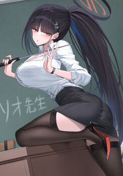 1girl alternate_costume black_hair black_shoes black_skirt black_thighhighs blue_archive blunt_bangs blush board_eraser breasts chalkboard cleavage commentary earrings fingernails halo high_heels highres holding holding_pointer huge_breasts indoors jewelry long_hair looking_at_viewer miniskirt nail_polish narrow_waist open_collar pencil_skirt pointer ponytail red_eyes rio_(blue_archive) shirt shirt_tucked_in shoes shougun_(chuckni1) skirt solo stud_earrings thighhighs translation_request very_long_hair watch white_shirt wristwatch
