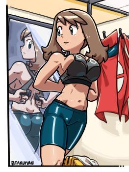 1girl _breasts absurdres ass bare_shoulders bike_shorts black_panties black_sports_bra breasts brown_hair closed_mouth clothes_hanger commentary dimples_of_venus english_commentary fitting_room full-length_mirror highres indoors large_breasts looking_at_mirror looking_at_self may_(pokemon) mirror navel nintendo otakuman panties panty_peek pokemon red_shirt reflection shirt solo sports_bra trying_on_clothes underwear unworn_clothes unworn_shirt