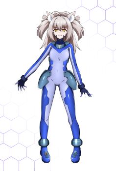 1girl absurdres animal_ears blue_bodysuit bodysuit breasts cat_ears covered_navel grey_hair highres long_hair looking_at_viewer lyrical_nanoha mahou_shoujo_lyrical_nanoha_strikers numbers&#039;_uniform original oshimaru026 simple_background skin_tight small_breasts smile solo white_background yellow_eyes