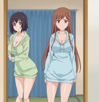 2girls anime_screenshot ass ayane_shirakawa bikini black_bikini black_hair breasts brown_hair cleavage curvy highres huge_ass huge_breasts kotone_shirakawa large_breasts long_hair multiple_girls overflow_(anime) short_hair siblings swimsuit white_bikini