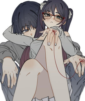 1boy 1girl alternate_costume aqua_eyes arm_behind_head asymmetrical_bangs behind_another bespectacled black_hair blunt_bangs blush bow breasts bright_pupils casual closed_mouth contemporary couple crossed_legs eyelashes fingerless_gloves fingernails from_below genshin_impact glasses gloves gradient_hair grey_eyes grey_pants grey_shirt grey_sleeves hair_between_eyes hair_bow hands_on_own_knees hetero leg_focus long_hair long_sleeves looking_at_viewer mona_(genshin_impact) multicolored_hair open_hands pants pink_hair pleated_skirt red-framed_eyewear scaramouche_(genshin_impact) shirt short_eyebrows sidelocks sitting_between_lap skirt sleeves_past_wrists small_breasts staring string string_of_fate tsurime twintails white_bow white_nails white_pupils white_skirt wispy_bangs ysnden