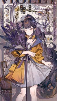 ;) blunt_bangs bouquet center-flap_bangs closed_mouth coat commentary cowboy_shot dress english_commentary fcjfior flower gradient_hair grey_eyes hair_ribbon high_ponytail highres holding holding_bouquet hololive hololive_english long_hair looking_at_viewer mole mole_under_eye multicolored_hair ninomae_ina'nis one_eye_closed orange_hair pointy_ears ponytail purple_hair raincoat ribbon skirt_hold smile tentacle_hair umbrella very_long_hair violet_(ninomae_ina'nis) virtual_youtuber white_dress white_ribbon yellow_coat