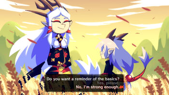 2girls ^_^ black_shirt brown_horns character_request check_gender closed_eyes closed_mouth cloud commentary copyright_request dialogue_box dialogue_options dragon_girl dragon_tail english_commentary english_text eyeshadow floral_print gender_request hair_ribbon highres hill horns long_hair makeup multiple_girls pointy_ears red_eyeshadow red_ribbon ribbon setz shirt sky smile tail two-tone_shirt upper_body wheat white_hair white_shirt wind yellow_sky