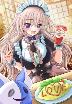 1girl 9-nine- :d @_@ alternate_costume apron black_bow black_dress black_wrist_cuffs blue_bow blue_bowtie blue_eyes blush bottle bow bowtie breasts brown_hair buttons cafe center_frills commentary_request cowboy_shot dress dress_bow dutch_angle english_text eyes_visible_through_hair floating_hair food frilled_sleeves frilled_wrist_cuffs frills hair_between_eyes hands_up highres holding holding_bottle impossible_clothes impossible_dress indoors ketchup ketchup_bottle kujou_miyako large_breasts long_hair looking_at_viewer maid maid_apron maid_headdress nineball0211 omelet omurice open_mouth pov puffy_short_sleeves puffy_sleeves short_sleeves smile solo sophitia very_long_hair white_apron wrist_cuffs