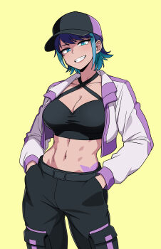 1girl abs absurdres aqua_eyes aqua_hair badass_girl:_run_hany baseball_cap black_pants black_sports_bra blue_hair breasts cargo_pants cleavage collarbone commentary_request contrapposto cowboy_shot galois grin hands_in_pockets hat head_tilt highres hip_tattoo korean_commentary large_breasts linea_alba mole mole_under_eye multicolored_hair navel pants rapid_ju run_hany short_hair smile solo sports_bra tan tattoo two-tone_hair