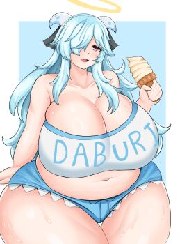 Rule 34 | 1girl, belly, bkum, black ribbon, blue hair, blue shorts, breasts, cleavage, crop top, doubliel, food, hair over one eye, hair ribbon, halo, highres, holding, holding ice cream cone, horns, huge breasts, ice cream, ice cream cone, long hair, mahjong fight girl, messy hair, midriff, navel, one eye covered, open mouth, plump, red eyes, ribbon, shirt, short shorts, shorts, skindentation, smile, solo, standing, sweat, thick thighs, thigh gap, thighs, white shirt, wide hips
