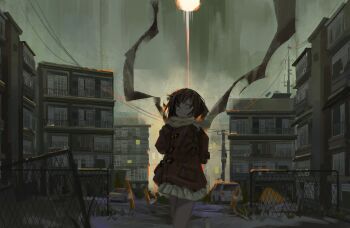 1girl absurdres apartment backpack bag boku_dake_ga_inai_machi brown_hair car chain-link_fence closed_mouth coat commentary_request fence floating_scarf grey_sky highres hinazuki_kayo jie_sang_bu_ge long_sleeves motor_vehicle pleated_skirt power_lines randoseru red_coat scarf short_hair skirt sky solo utility_pole wide_shot yellow_scarf