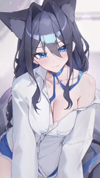 1girl absurdres alternate_costume animal_ear_fluff animal_ears blue_eyes blue_hair blue_shorts braid breasts cat_ears cat_girl cleavage closed_mouth commentary dolphin_shorts double-parted_bangs english_commentary fang hair_between_eyes hair_intakes highres hololive hololive_english kemonomimi_mode large_breasts long_hair long_sleeves looking_at_viewer low_twin_braids official_alternate_hairstyle ouro_kronii partially_unbuttoned shirt short_shorts shorts sidelocks single_bare_shoulder single_off_shoulder skin_fang smile solo twin_braids virtual_youtuber white_shirt yoellim5