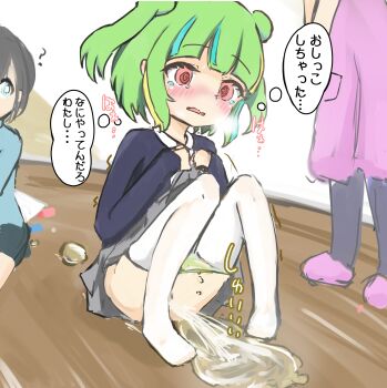 3girls ? @_@ absurdres black_jacket blonde_hair blue_hair blue_shirt blush breath clothes_lift double_bun green_hair green_panties grey_skirt hair_bun heavy_breathing highres jacket loli long_sleeves looking_down multicolored_hair multiple_girls open_mouth original panties panty_pull peeing peeing_on_floor pink_eyes puddle purple_shoes pussy relief school_uniform shirt shoes short_hair sijin1410 sitting skirt skirt_lift speech_bubble standing steam streaked_hair tears thighhighs thought_bubble trembling twintails underwear wet wet_clothes wet_panties white_shirt white_thighhighs