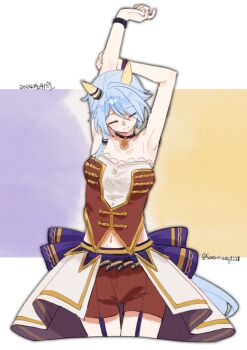 Rule 34 | 1girl, animal ears, armpits, bare shoulders, blue hair, blush, bodice, breasts, choker, closed eyes, closed mouth, collarbone, commentary request, corset, ear covers, facing viewer, garter straps, hair between eyes, highres, horse ears, horse girl, horse tail, k.s.miracle (umamusume), midriff peek, navel, overskirt, pendant choker, purple choker, purple garter straps, red corset, red shorts, saramiao-chan, shirt, short hair, shorts, smile, solo, starting future (umamusume), stretching, tail, umamusume, white shirt, wristband