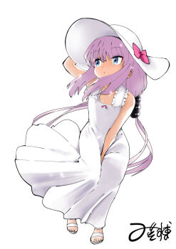 1girl arm_up beads between_legs blue_eyes dress dress_tug expressionless feet full_body hair_beads hair_ornament hand_between_legs hand_on_headwear hat kanna_kamui kimura_mitsuhiro kobayashi-san_chi_no_maidragon long_hair looking_to_the_side low_twintails pink_hair sandals simple_background sleeveless sleeveless_dress solo sphere_hair_ornament sun_hat sundress toes twintails white_background white_dress white_hat wind wind_lift