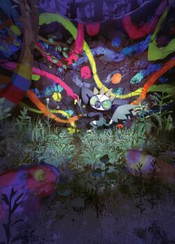 animal_focus full_body grafaiai grass leaf looking_back nintendo no_humans official_art outdoors paint painting_(action) pokemon pokemon_(creature) pokemon_focus pokemon_tcg pokemon_tcg_pocket rock solo teeziro textless_version third-party_source tree