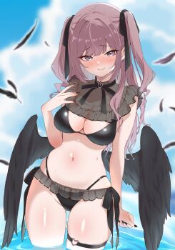 1girl angel_wings bib_collar bikini black_bikini black_feathers black_nails black_ribbon black_wings blue_sky blush breasts brown_hair cleavage cloud commentary_request commission fallen_angel feathered_wings feathers grey_eyes hair_ribbon highres indie_virtual_youtuber long_hair looking_at_viewer low_wings medium_breasts partially_submerged ribbon second-party_source short_twintails sky smile solo swimsuit tamamura_(agutosan) thigh_strap twintails virtual_youtuber water wings yoiyami_noa_(vtuber)