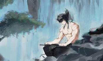 1boy absurdres black_hair branch chromatic_aberration closed_eyes feet_out_of_frame hair_bun halftone hand_on_knees head_down highres ledge logicsterrr long_sidelocks male_focus muscular muscular_male no_shirt qiuyuan_(wuthering_waves) rock scar scars_all_over sidelocks sitting solo sword too_many water waterfall weapon wuthering_waves