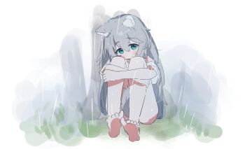 Rule 34 | 1girl, animal ear fluff, animal ears, bare legs, barefoot, between legs, blue eyes, blush, closed mouth, commentary request, grey hair, hair between eyes, highres, hugging own legs, knees up, long hair, looking at viewer, original, rain, riya (01214), sitting, soles, solo, tail, tail between legs, tree, very long hair