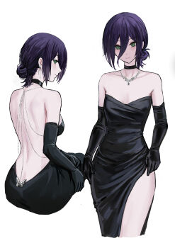 Rule 34 | 1girl, absurdres, ass, backless dress, backless outfit, black choker, black dress, black hair, butterfly ornament, chainsaw man, choker, collarbone, dress, green eyes, hair bun, highres, jewelry, looking at viewer, looking back, necklace, reze (chainsaw man), simple background, sitting, skrillex li, smile, solo, thighs, white background