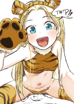 1boy 1girl animal_ear_fluff animal_ears animal_hands animal_print bikini blonde_hair blue_eyes borrowed_character breasts bulge crop_top forehead highres kumanomi loli looking_at_viewer on_top_of_viewer pov russian_text sasha_(haguhagu) small_breasts solo speech_bubble swimsuit tail tiger_ears tiger_girl tiger_print translated