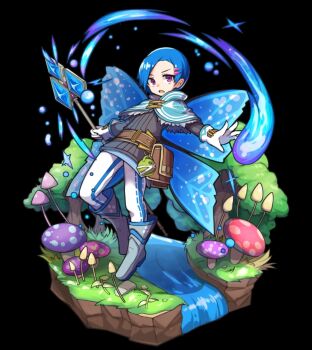 1boy belt belt_pouch black_background blue_capelet blue_fire blue_hair boots brown_belt butterfly_wings capelet fire full_body gloves grass grey_boots grey_shirt hair_ornament hairclip highres holding holding_staff insect_wings long_sleeves marx_(merc_storia) merc_storia merc_storia_art_team motion_lines mushroom official_art open_mouth pants pouch purple_eyes shirt short_hair simple_background solo staff standing tachi-e tree v-shaped_eyebrows water white_gloves white_pants wings