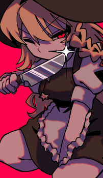 Rule 34 | 1girl, apron, black hat, black skirt, black vest, blonde hair, braid, commentary request, cookie (touhou), feet out of frame, frilled apron, frills, glint, hair between eyes, hat, highres, holding, holding knife, kirisame marisa, knife, long hair, looking at viewer, melanin shikiso, one eye closed, puffy short sleeves, puffy sleeves, red background, red eyes, revision, shirt, short sleeves, side braid, simple background, single braid, skirt, skirt set, solo, suzu (cookie), touhou, unusually open eyes, v-shaped eyebrows, vest, waist apron, white apron, white shirt, witch hat