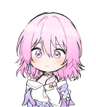 Rule 34 | 1girl, 5rwpvc, black choker, blue eyes, blue jacket, blush, bra strap, buttons, chibi, choker, closed mouth, earrings, flower ornament, gradient clothes, gradient jacket, hand up, highres, honkai: star rail, honkai (series), jacket, jewelry, long sleeves, march 7th (honkai: star rail), march 7th (preservation) (honkai: star rail), medium hair, multicolored eyes, off-shoulder jacket, off shoulder, pink eyes, pink hair, pink jacket, shirt, simple background, single earring, solo, tied jacket, two-tone eyes, upper body, white background, white shirt