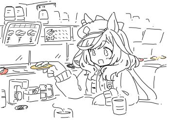 Rule 34 | 1girl, animal ears, blush, bow, casual, conveyor belt, cup, ear ornament, ears through headwear, food, green tea, hair ornament, hairclip, hat, highres, holding, holding food, horse ears, horse girl, makizushi, matikanetannhauser (casual) (umamusume), matikanetannhauser (umamusume), medium hair, menu board, multicolored hair, newsboy cap, open mouth, org knight, smile, solo, streaked hair, sushi, tea, teacup, tilted headwear, umamusume