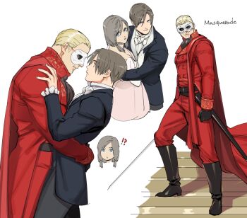 !? 1girl 2boys bara belt black_gloves black_jacket black_pants blonde_hair blue_eyes boots brown_hair closed_mouth dress elbow_gloves gloves hug jack_krauser jacket large_pectorals leon_s._kennedy looking_at_another manuela_hidalgo mask medium_hair multiple_boys muscular muscular_male pants pectorals pink_dress red_jacket red_pants resident_evil resident_evil:_the_darkside_chronicles resident_evil_4 scar scar_on_face scar_on_mouth sheath sheathed short_hair sword tatsumi_(psmhbpiuczn) weapon white_gloves