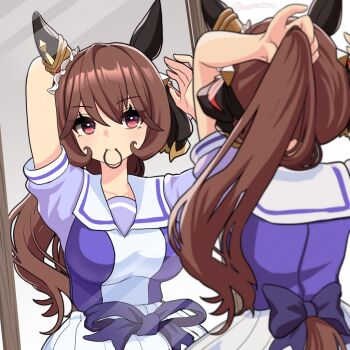 1girl adjusting_hair animal_ears arm_up bow bowtie brown_hair brown_tail clothing_cutout ear_covers ear_ornament gentildonna_(umamusume) horse_ears horse_girl horse_tail long_hair mirror mouth_hold nieto_tokage ponytail puffy_short_sleeves puffy_sleeves purple_bow purple_bowtie purple_shirt reflection sailor_collar sailor_shirt school_uniform shirt short_sleeves skirt tail tail_through_clothes tracen_school_uniform tying_hair umamusume unworn_bowtie white_sailor_collar white_skirt