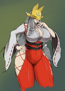 1girl breasts cleavage clothing_cutout commentary_request cowboy_shot detached_sleeves digimon digimon_(creature) fox_mask green_background grey_hair highres hip_vent huge_breasts japanese_clothes kimono mas_square mask nontraditional_miko pants purple_lips red_pants sakuyamon sakuyamon:_miko_mode simple_background solo thigh_cutout white_kimono white_sleeves