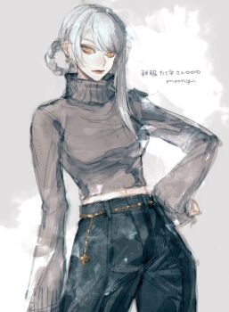 Rule 34 | 1girl, absurdres, artist name, black pants, braid, braided hair rings, breasts, brown eyes, closed mouth, cowboy shot, cropped sweater, flower, grey background, grey hair, grey sweater, hair between eyes, hair flower, hair ornament, hair rings, hand on own hip, highres, kaine (nier), looking at viewer, medium breasts, midriff, moony (mogmogmelt), nier (series), pants, parted bangs, single sidelock, solo, sweater, turtleneck, turtleneck sweater, white flower