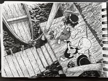 Rule 34 | 2girls, absurdres, apron, ascot, barefoot, boat, bow, broom, commentary request, detached sleeves, from above, greyscale, hair bow, hakurei reimu, highres, kirisame marisa, long hair, missing headwear, monochrome, multiple girls, outdoors, photo (medium), pier, rain, ribbon-trimmed sleeves, ribbon trim, shoes, short sleeves, skirt, socks, suteruko, toes, touhou, traditional media, unworn headwear, unworn shoes, unworn socks, vest, waist apron, watercraft, wet, wet clothes, wringing clothes, wringing skirt