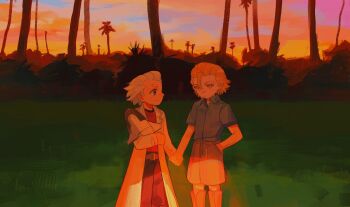 2boys aged_down almifiiiii belt blonde_hair blue_eyes blue_shirt boots brown_pants brown_shorts child closed_mouth coat collared_shirt dr._stone grass grey_hair hair_pulled_back hair_slicked_back hand_in_pocket highres holding_hands lab_coat long_sleeves looking_at_another male_focus multiple_boys nature open_clothes open_coat orange_sky outdoors palm_tree pants red_pants red_shirt shirt short_hair short_sleeves shorts sky smile standing stanley_snyder_(dr.stone) sunset tree white_coat white_hair xeno_(dr.stone)