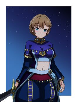 Rule 34 | 1girl, aqua eyes, arabian clothes, border, breasts, brown hair, desert assassin (grimms notes), grimms notes, kamix2 odai, looking at viewer, navel, sky, solo, star (sky), starry sky, white border