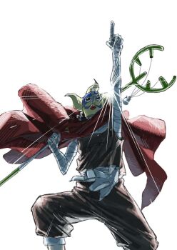 1boy a_(mitei7926) arm_up bandages brown_overalls cape cowboy_shot goggles highres long_nose male_focus one_piece overalls red_cape simple_background slingshot_(weapon) sogeking solo usopp white_background