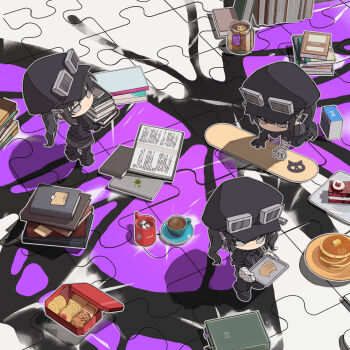 Rule 34 | 3girls, absurdres, all fours, black hair, black hat, book, book stack, bug, butterfly, chibi, chibi only, clone, closed mouth, cookie, cup, food, from above, full body, grey eyes, hat, highres, holding, holding book, holding tray, insect, jar, kurobe nanoka, long hair, mahou shoujo no majo saiban, mini person, minigirl, mug, multiple girls, open book, pancake, pancake stack, plate, purple butterfly, puzzle, puzzle piece, standing, tray, twintails, wuubaiwan