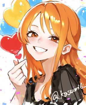 1girl balloon blush brown_eyes commentary_request heart_balloon highres kasumi_6 long_hair looking_at_viewer nami_(one_piece) one_piece orange_hair smile solo twitter_username upper_body
