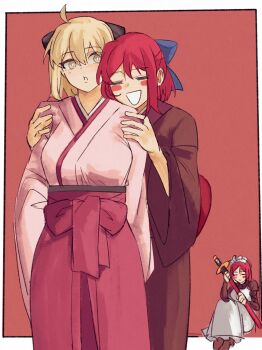 3girls absurdres apron black_bow blonde_hair blush_stickers border bow brown_dress brown_kimono closed_eyes dress ezekquel fate_(series) hair_bow hakama highres hisui_(tsukihime) holding holding_sword holding_weapon japanese_clothes katana kimono koha-ace kohaku_(tsukihime) looking_at_another maid maid_apron maid_headdress multiple_girls okita_souji_(fate) okita_souji_(koha-ace) open_mouth pink_kimono short_hair siblings simple_background sisters sitting smile sword tsukihime twins wa_maid weapon white_border wide_sleeves