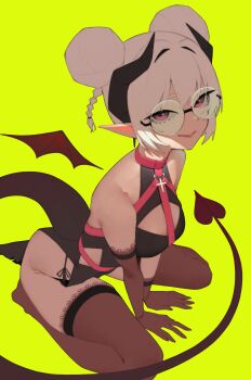Rule 34 | 1girl, absurdres, anemoneeanemone, asymmetrical gloves, bare shoulders, braid, breasts, brown gloves, brown thighhighs, chest harness, demon girl, demon horns, demon tail, detached wings, double bun, elbow gloves, faye (vtuber), full body, glasses, gloves, green background, hair bun, harness, highres, horns, indie virtual youtuber, long pointy ears, looking at viewer, medium breasts, mole, mole under mouth, pink eyes, pointy ears, round eyewear, simple background, single elbow glove, sitting, smile, solo, tail, thighhighs, uneven gloves, virtual youtuber, white hair, wings