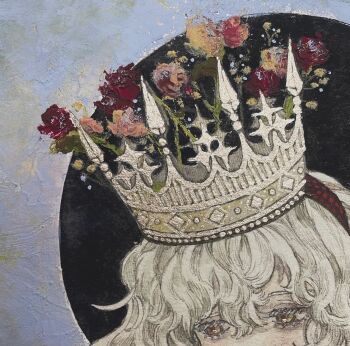 Rule 34 | 1girl, acrylic paint (medium), blonde hair, commentary request, crown, curly hair, eclipse, flower, hair between eyes, hairband, half-closed eyes, hashtag-only commentary, head tilt, karintoun, muted color, original, painting (medium), pale skin, red eyes, rose, solar eclipse, solo, traditional media, watercolor (medium), wavy hair