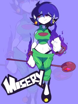 1girl 2023 absurdres angry baggy_pants bare_shoulders black_shoes blue_hair bob_cut bracelet character_name clenched_hands collarbone colored_skin commentary contrapposto doukutsu_monogatari earrings energy english_commentary feet_out_of_frame female_focus frown full_body green_hoodie green_pants grey_background highres holding holding_staff hood hoodie jewelry looking_at_viewer midriff misery_(cave_story) navel pants pearl_earrings pointy_ears red_eyes shadow shammah shoes sideways_glance sleeveless sleeveless_hoodie solo spoken_expression staff standing whale_tail_(clothing) white_skin zoom_layer