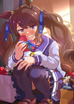 Rule 34 | 1girl, absurdres, animal ears, bag, blue eyes, blush, bow, bowtie, box, breasts, brown hair, commentary request, gift, gift box, grin, heart-shaped box, highres, holding, holding box, horse ears, horse girl, horse tail, long hair, long sleeves, looking at viewer, multicolored nails, open mouth, pleated skirt, purple sailor collar, purple serafuku, purple shirt, purple skirt, purple thighhighs, sailor collar, sailor shirt, school uniform, serafuku, shirt, shoes, skirt, smile, solo, squatting, tail, takotoma22, teeth, thighhighs, tosen jordan (umamusume), tracen school uniform, twintails, umamusume, valentine, white bow, white bowtie