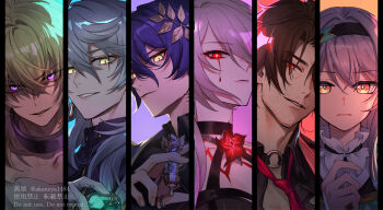 2girls 4boys acheron_(honkai:_star_rail) adam's_apple akaneya_(akaneya1484) aventurine_(honkai:_star_rail) beard_stubble black_choker black_hair black_jacket black_shirt blonde_hair blood bloody_tears blue_background blue_eyes body_markings bright_pupils brown_hair choker collar collarbone column_lineup commentary_request criss-cross_halter dr._ratio_(honkai:_star_rail) english_text facial_hair firefly_(honkai:_star_rail) flower frilled_collar frills gallagher_(honkai:_star_rail) grey_hair grin hair_between_eyes hair_intakes hair_ornament halterneck hand_up highres honkai:_star_rail honkai_(series) jacket jewelry long_hair looking_at_viewer multicolored_eyes multiple_boys multiple_girls necktie orange_background orange_eyes parted_bangs parted_lips pink_background pink_eyes purple_background purple_hair red_background red_eyes red_flower red_necktie ring scar shade shirt smile stubble sunday_(honkai:_star_rail) sunday_(sacerdos'_relived_ordeal)_(honkai:_star_rail) upper_body white_hair white_pupils white_shirt yellow_eyes