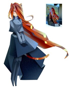 1girl animal_ears boots expressionless full_body gallaxi grey_boots grey_shirt grey_skirt hair_over_one_eye long_hair looking_at_viewer low_poly original personification pink_eyes pink_lips red_hair reference_inset reference_photo shirt simple_background skirt solo statue tail tiger_ears tiger_tail white_background