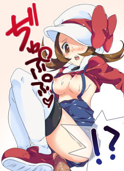 !? 00s 1girl blush breasts brown_hair censored clothes_lift clothing_aside hat hat_ribbon large_breasts lyra_(pokemon) mosaic_censoring nakamura_sandayo nintendo nipples no_panties overalls overalls_aside panties panties_aside penis pokemon pokemon_hgss red_ribbon ribbon sex shirt_lift solo squatting thighhighs translation_request underwear vaginal white_thighhighs