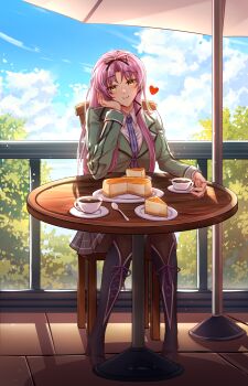 1girl aramis_high_school_uniform blue_necktie blue_sky boots bow cake cake_slice cloud commentary commission eiyuu_densetsu english_commentary food hair_bow hair_ribbon heart high_heel_boots high_heels highres jacket kuro_no_kiseki kuro_no_kiseki_(series) kuro_no_kiseki_ii long_hair long_sleeves looking_at_viewer necktie one_side_up parted_bangs plaid_clothes plaid_skirt purple_hair renne_(eiyuu_densetsu) ribbon school_uniform sitting skirt sky smile solo table tree umbrella yellow_eyes yunaliv
