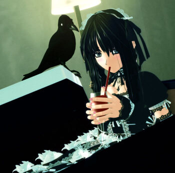 1girl 3d bird black_bird black_hair blood coffin cup drinking drinking_glass drinking_straw ekkusu_kyuuzu female_focus goth_fashion gothic_lolita lamp lolita_fashion original solo wine_glass