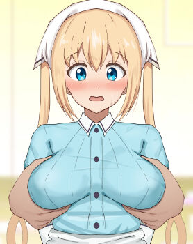 1girl absurdres blend_s blonde_hair blue_dress blue_eyes blush breasts collared_dress commentary_request disembodied_hand dress grabbing_another&#039;s_breast grabbing_from_behind groping hat highres hinata_kaho large_breasts long_hair looking_at_viewer open_mouth poa_mellhen solo_focus stile_uniform twintails upper_body white_hat yellow_background
