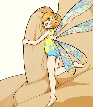 1boy 1girl ass bare_legs barefoot clothed_female_nude_male erection fairy fairy_wings gallica_(metaphor:_refantazio) hairband highres hinaz0 koonago leotard metal_hairband metaphor:_refantazio mini_person minigirl multicolored_leotard nude orange_hair penis penis_hug short_hair simple_background size_difference smile two-tone_leotard wings yellow_leotard