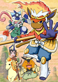 10s 1boy 2016 animal_costume animal_ears ash_ketchum cosplay creature frog gen_1_pokemon gen_4_pokemon gen_5_pokemon gen_6_pokemon gouguru greninja headband horseback_riding infernape jewelry journey_to_the_west monkey monkey_costume monkey_ears monkey_tail mountain necklace new_year ninja nintendo pig pignite pikachu pokemon pokemon_(anime) ponyta riding riding_pokemon robe skull_necklace staff sun_wukong tail